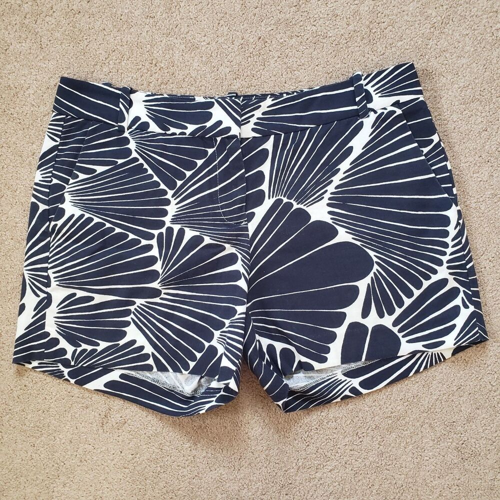 J.Crew Flat Front Chino Shorts Seashell Pattern Navy Blue Ivory 100% Cotton Sz 6